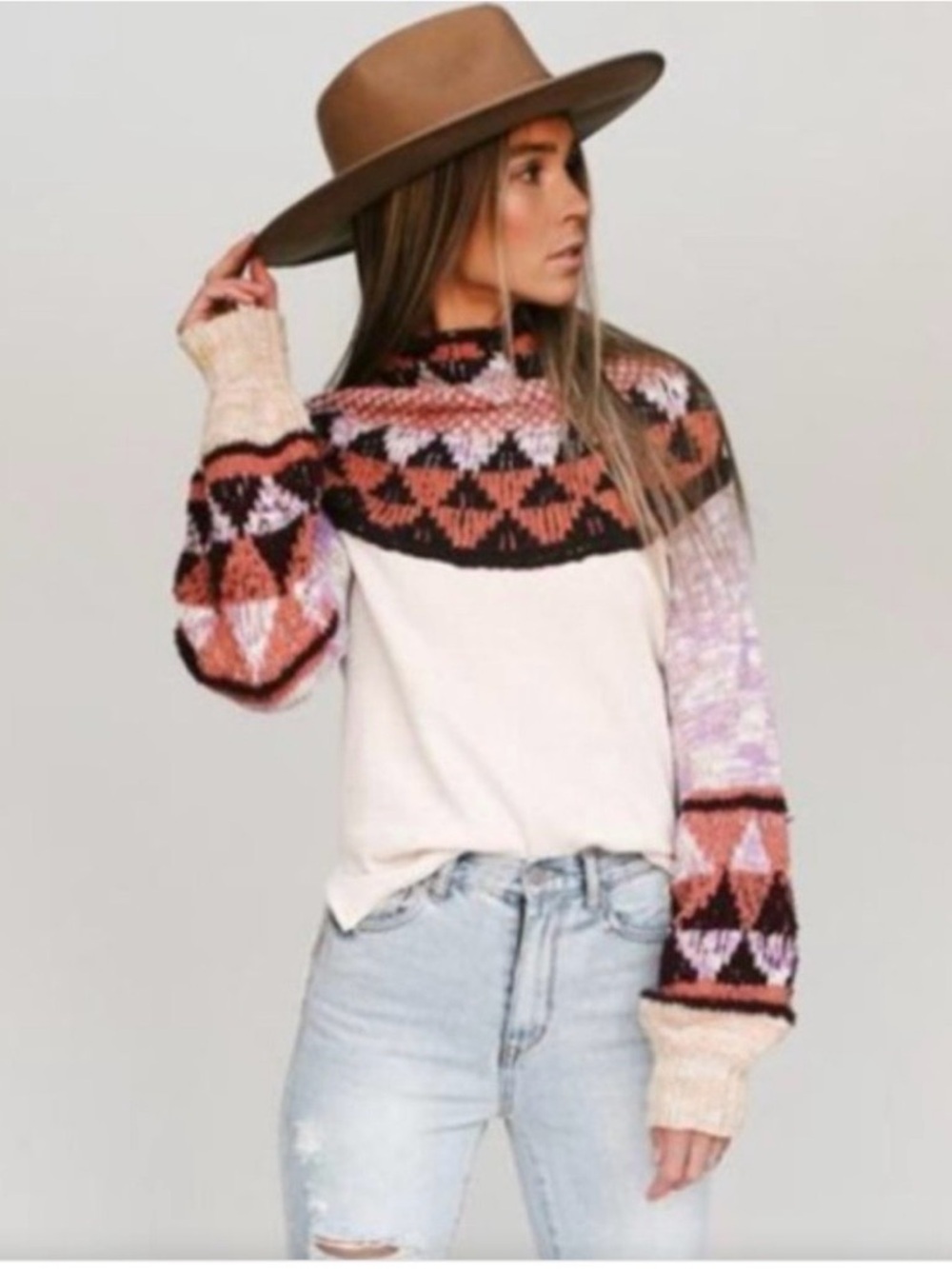 Free People Fair Isle Cowl Neck Sweater - Cream, Purple & Coral